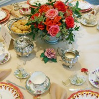 Table with tea service and floral center piece